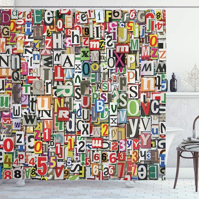 Ambesonne Abstract Shower Curtain, Collage of a Newspaper with Clippings and Alphabets Cuttings in a Diversity of Letters Digital, Cloth Fabric Bathroom Decor Set with Hooks, 69" W x 75" L, Red Blue