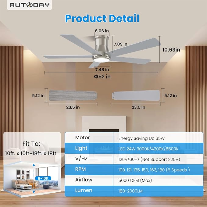 52 Inch Low Profile Ceiling Fan with Light, Burshed Nickel Ceiling Fans with Lights and Remote, Flush Mount, 6 Speeds Quiet DC, 3CCT Dimmable, Indoor Outdoor Ceiling Fans for Patios Bedroom