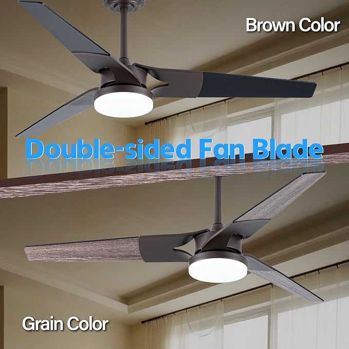 Ceiling Fan with Lights and Remote, 3 Blade App Control Timer Reversible Stepless Brightness and Color Temperature Outdoor Wood Ceiling Fan with Lights (Brown, 52 Inch)