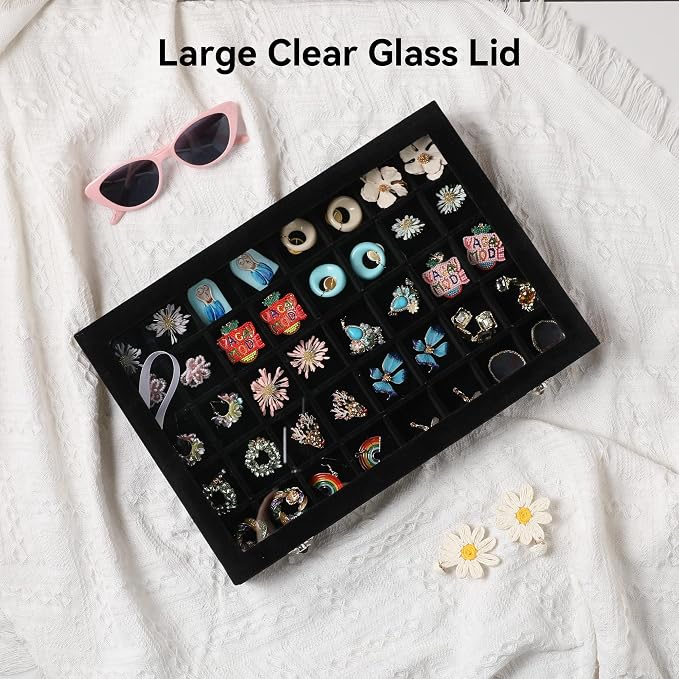 Frebeauty 40 Grid Earring Organizer,Velvet Jewelry Tray with Clear Lid | Drawer Jewelry Organizer for Rings Studs Beads,Adjustable Dividers,Dustproof,Earring Storage,Trinket Box,13.8×9.5Inches