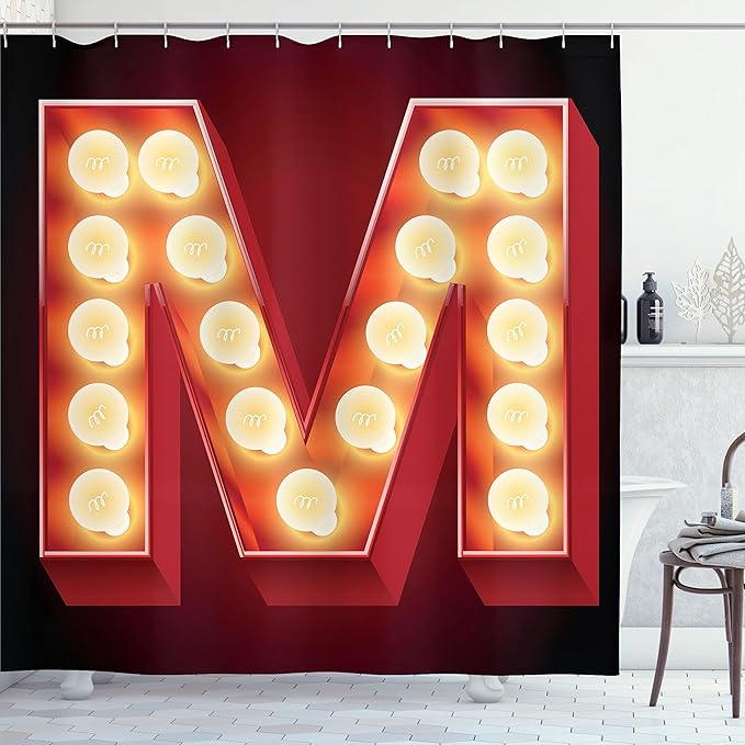 Ambesonne Letter M Shower Curtain, Vintage Alphabet Group of Old Movie Theaters Casinos Retro Type, Cloth Fabric Bathroom Decor Set with Hooks, 69" W x 75" L, Vermilion Yellow Black