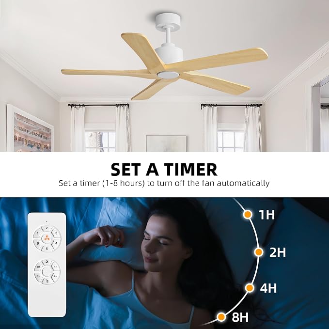 WINGBO 48" DC Ceiling Fan No Light - 5 Carved Solid Wood Blades, 6-Speed Reversible DC Motor, Ceiling Fan without Lights for Living Room Bedroom Kitchen Patio, Indoor and Outdoor, White and Oak