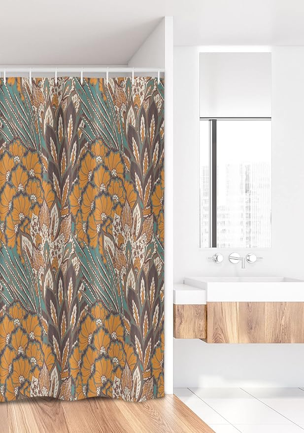 Ambesonne Floral Stall Shower Curtain, Pattern of Flowers and Peacock Feathers Floral Arrangement Art, Fabric Bathroom Decor Set with Hooks, 36" W x 72" L, Petrol Blue Pale Coffee