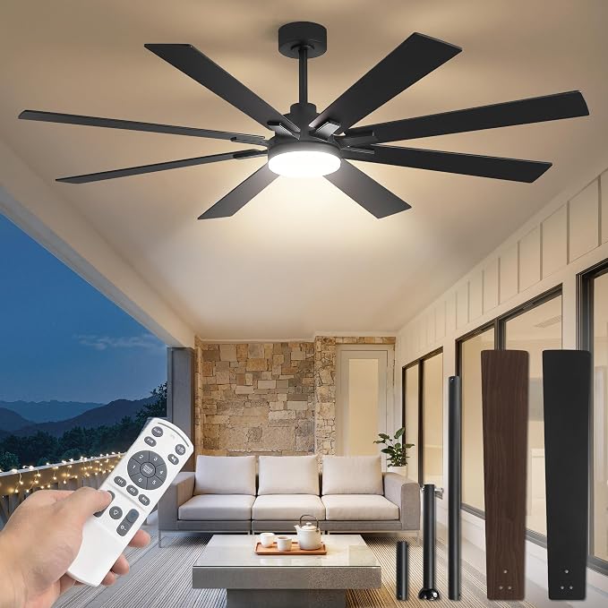 Fanbulous 65 Inch Ceiling Fan with Light and Remote, 6 Speeds Reversible DC Motor Ceiling Fans for Living Room Patio Garage, 3CCT Dimmable LED, 8 Wood Blades, Downrod Mount, Sloped Ceiling Compatible