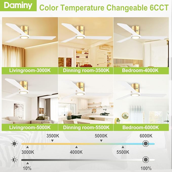 DAMINY Natural Solid Wood White and Gold 52 inch Ceiling Fan with Light,3 Blades,6CCT,Low Profile Ceiling Fan with Light and Remote Control, APP Control,Flush Mount