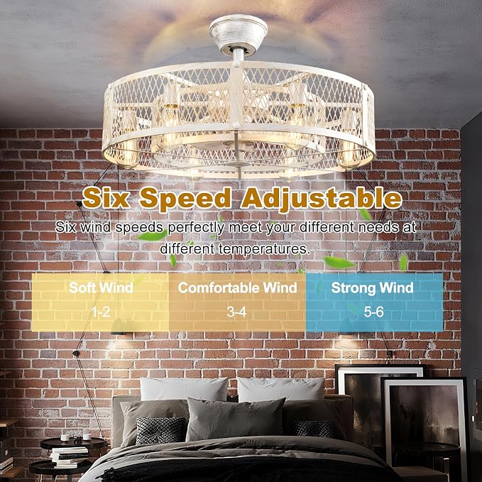 Depuley Cage Ceiling Fan with Light: Rustic Cement Caged Ceiling Fan Light Fixture - Flush Mount Ceiling Fans with Remote - 26 in Industrial Low Profile Fandelier for Kitchen Indoor Dining Room