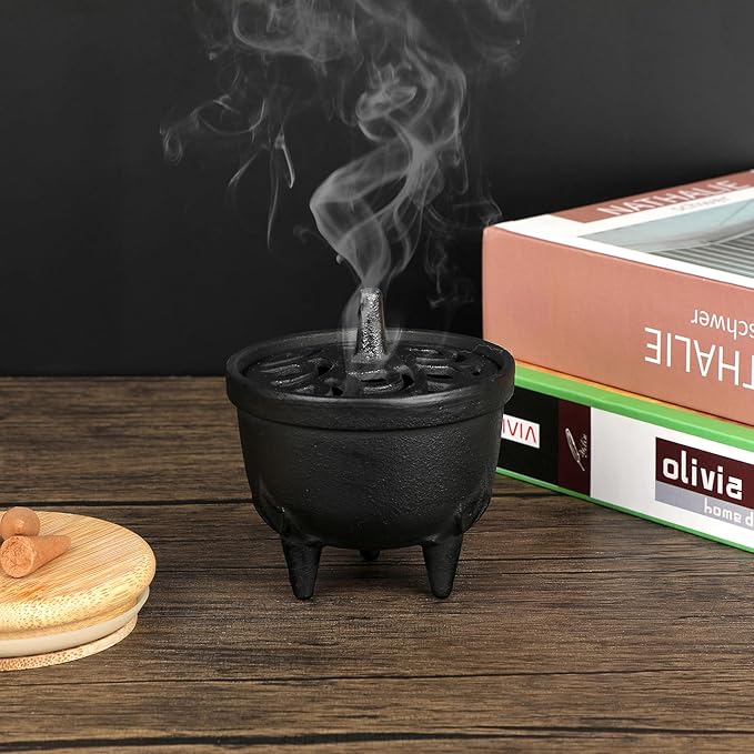 JUXYES Vintage Tripod Incense Burner Holder with Lid, Cast Iron Incense Holder Metal Cauldron Censer Antique Cone Coil Incense Burner Holder for Incense Resins, Cones, Charcoal or Wax Melts