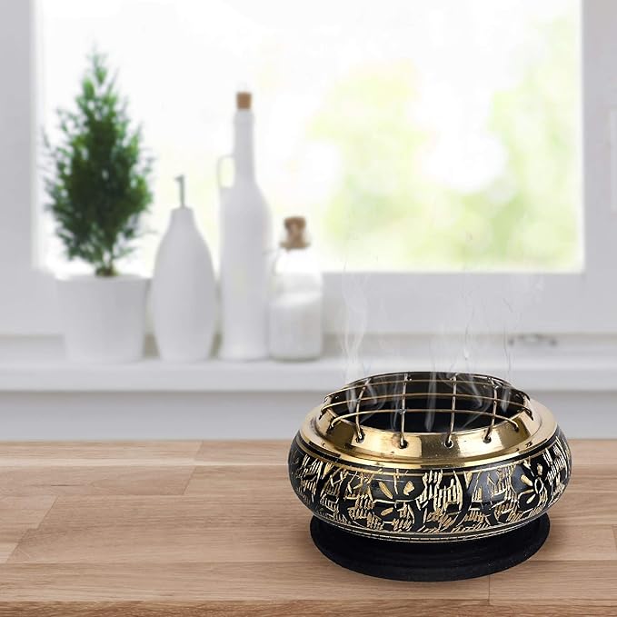 Incense Garden Decorated Brass Black Charcoal Screen Incense Burner - 2.75" Tall - Coaster Included