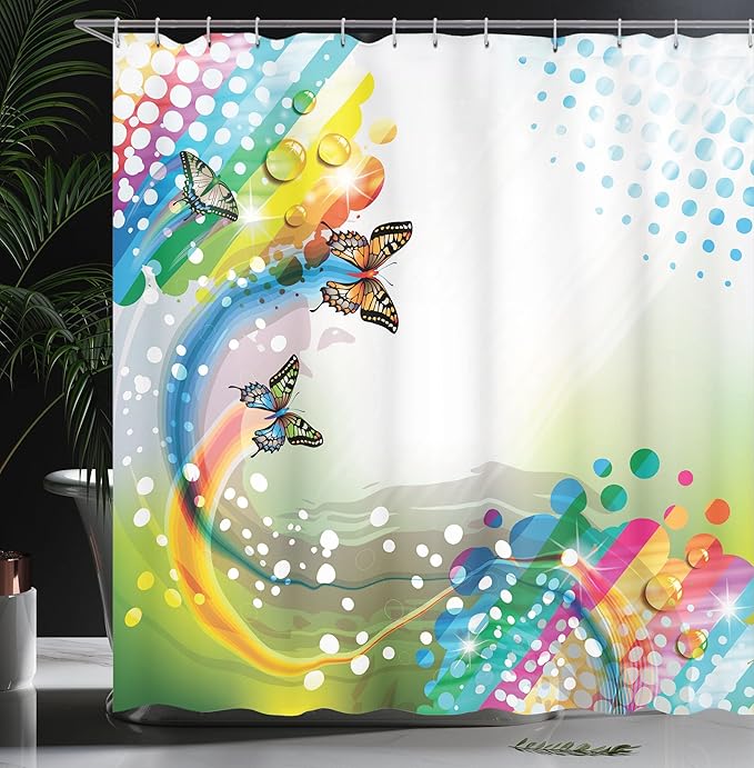 Ambesonne Colorful Shower Curtain, Trippy Flying Butterflies with Colored Comet Bubbles Creative Design, Cloth Fabric Bathroom Decor Set with Hooks, 69" W x 70" L, Multicolor Off White