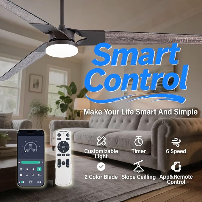 Ceiling Fan with Lights and Remote, 3 Blade App Control Timer Reversible Stepless Brightness and Color Temperature Outdoor Wood Ceiling Fan with Lights (Brown, 72 In'ch)