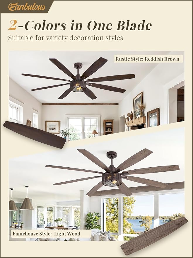 Fanbulous Farmhouse Ceiling Fans with Lights and Remote, 72 Inch Oil Bronze Industrial Caged Ceiling Fans for Bedroom Living Room Kitchen, 6 Speed Reversible Quiet DC Motor, Dual Finish 8 Blades