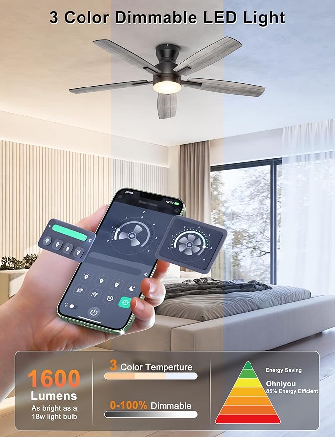 Ohniyou Ceiling Fans with Lights, 52'' Low Profile Ceiling Fan with Light and Remote/APP Control, Modern Flush Mount Ceiling Fan for Indoor Bedroom Living Room, Dimmable, Quiet DC Motor, Black
