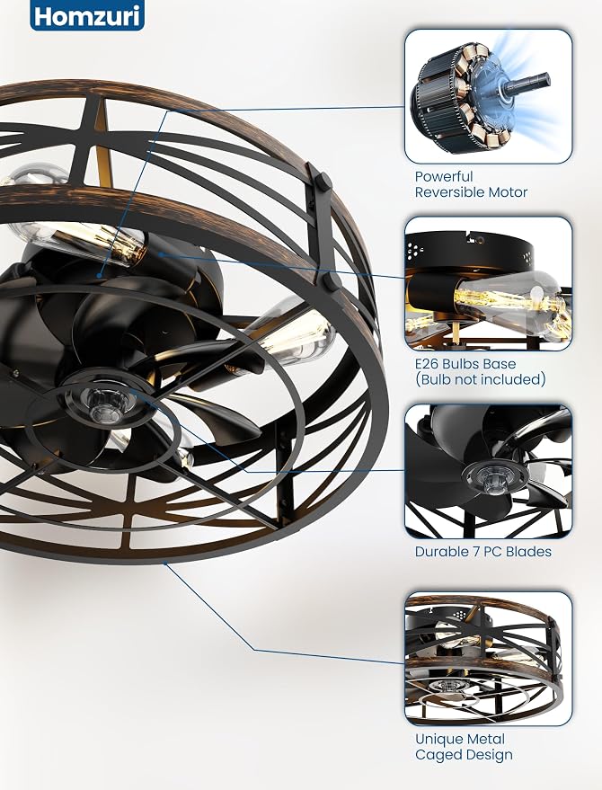 20" Caged Ceiling Fan with Light and Remote App Control, Rustic Round Flush Mount Low Profile Ceiling Fandelier Lights, 6 Speed and Reversible, Farmhouse Industrial Style for Bedroom, Kitchen