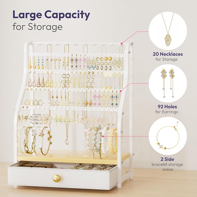SWTYMIKI Earring Holder Organizer - Jewelry Organizer Stand with Necklace Hooks, Watch Rods, Nonwoven Drawer, Large Capacity Jewelry Display for Stud Earring Bracelet Necklace Ring, White