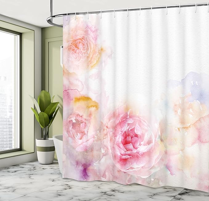 Ambesonne Shabby Flora Shower Curtain, Nature Garden Romantic Victorian Flowers Roses Leaves Image, Cloth Fabric Bathroom Decor Set with Hooks, 69" W x 75" L, Pale Pink Hot Pink
