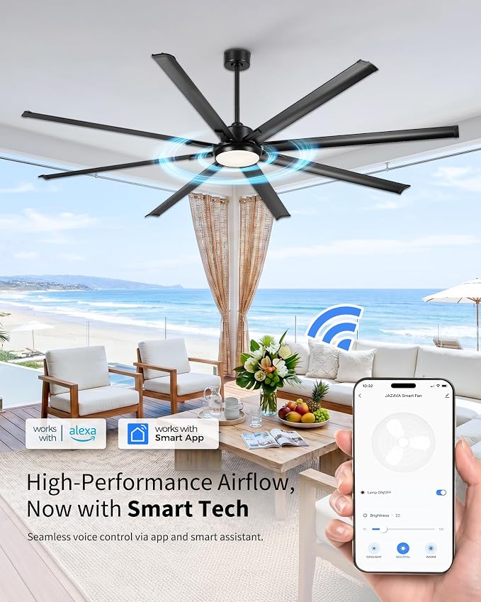 96-Inch Industrial Ceiling Fan with Lights and Remote - Extra Large Indoor Fan with 8 Aluminium Blades,Smart Fan Works with Voice Control,Model:ZCCF04BK-96