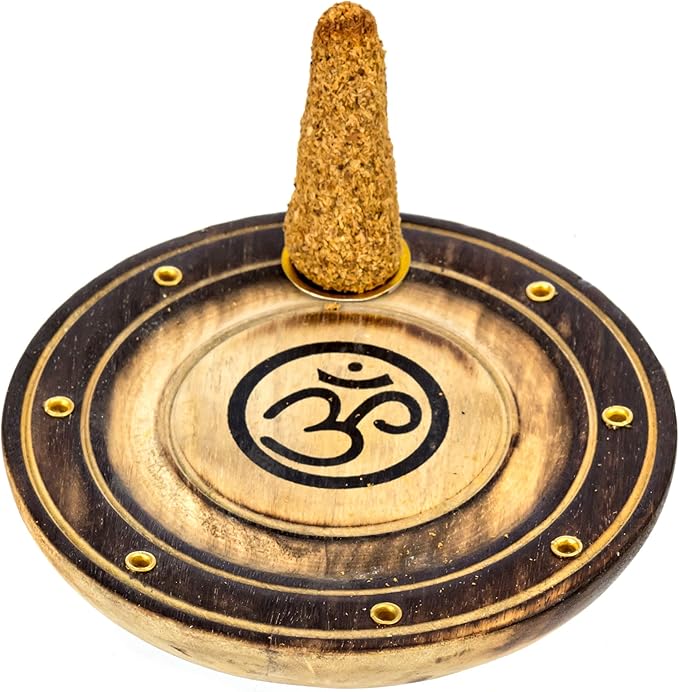 Om Incense Holder for 7 Incense Sticks and 1 Cone - for Meditation Room Decor, Spiritual Gifts, Meditation Accessories, Eclectic Home Decor - 4" Round Wood Burner with Painted Aum Symbol