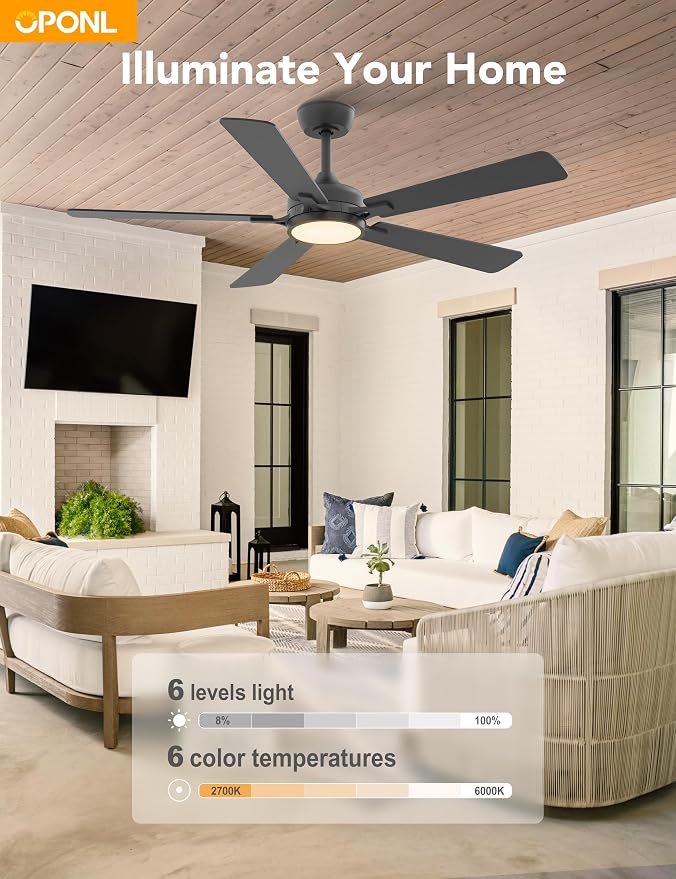 OPONL Ceiling Fan with Light, Ceiling fan with Light and Remote Control, Reversible, 6CCT, Dimmable, Noiseless, Ceiling Fan for Bedroom, Indoor/Outdoor Use, Black, 52 inch, Classic