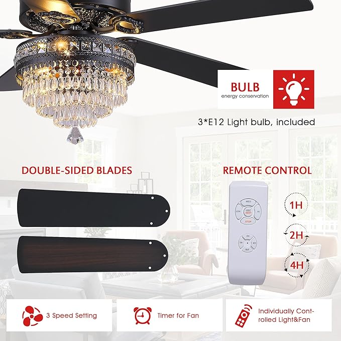 GJeg Crystal Ceiling Fan Fandelier with Lights- Retro Outdoor Fans with Remote Control, Farmhouse Ceiling Fan with Noiseless AC Reversible Motor,Dining Room,Living Room(52" Black)