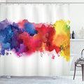 Ambesonne Abstract Shower Curtain, Vibrant Stains of Watercolor Paint Splatters Brushstrokes Dripping Liquid Art, Cloth Fabric Bathroom Decor Set with Hooks, 69" W x 84" L, Yellow Blue