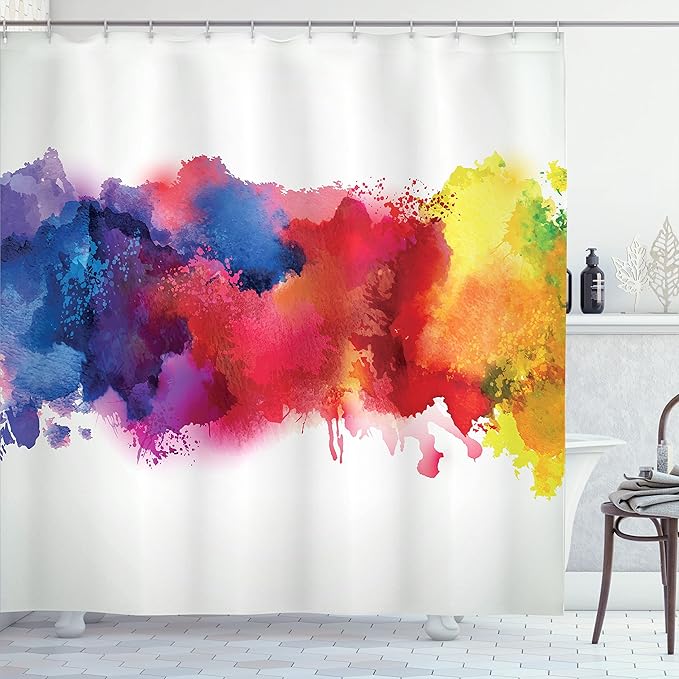 Ambesonne Abstract Shower Curtain, Vibrant Stains of Watercolor Paint Splatters Brushstrokes Dripping Liquid Art, Cloth Fabric Bathroom Decor Set with Hooks, 69" W x 84" L, Yellow Blue