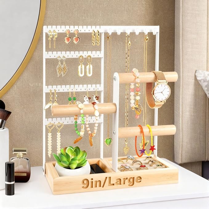 Godboat Jewelry Stand - 48 Holes Earring Holder, 4-Tier Necklace Organizer | 6 Hooks Jewelry Organizers and Storage, Bracelet Ring Rack with Wood Box, Preppy Gift Room Decor for Teen Girls Women, White