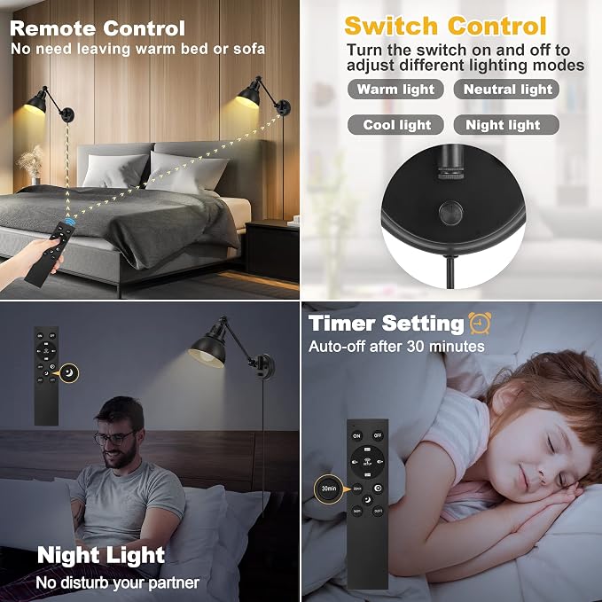 GOODATE 1 Pack Plug in Wall Sconce with Remote Control, Stepless Dimming & Stepless Colors 2700K-6500K, Plug in Wall Light, Swing Arm Wall Lamp with Night Light & Timer, LED Bulb Included