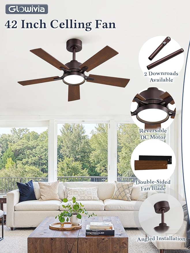 42 Inch Ceiling Fan with Lights and Remote, Smart APP Control, Dimmable with All-Setting Memory, Quiet DC Motor Reversible Blades, Damp Rated Modern Ceiling Fan for Bedroom Patio Living Room