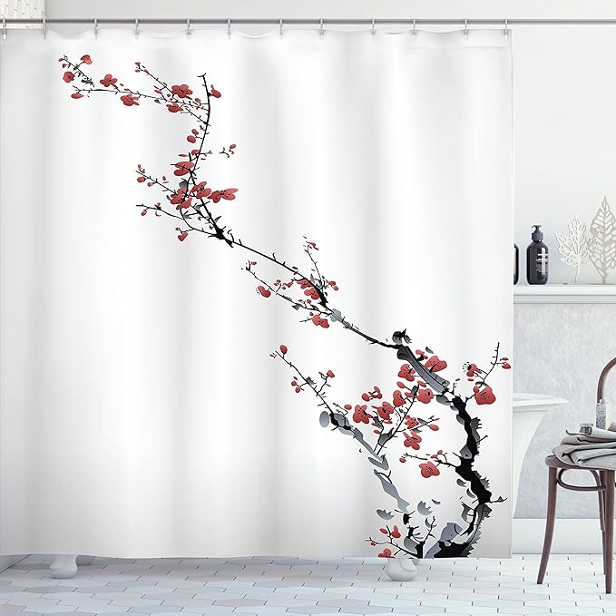 Ambesonne Watercolor Flower Shower Curtain, Sakura Tree Cherry Branches in Classic Style Artwork, Cloth Fabric Bathroom Decor Set with Hooks, 69" W x 70" L, Coral Black