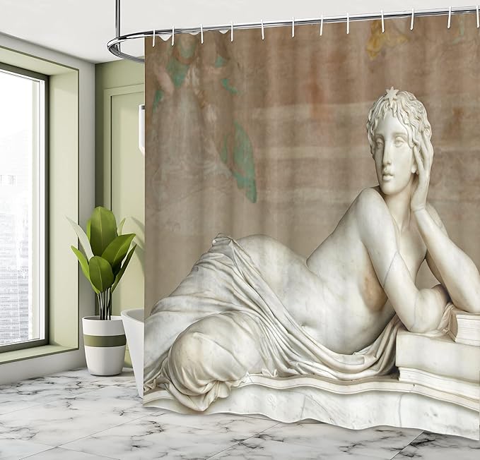 Ambesonne Retro Shower Curtain, Detail from The Tomb of Pisa Campo Santo Italian Mathematician and Physicist, Cloth Fabric Bathroom Decor Set with Hooks, 69" W x 84" L, Ivory Tan