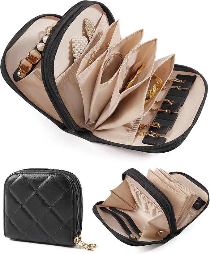 BAGSMART Travel Jewelry Case, Leather 2-Zip for Rings Necklaces | 2 zippered pockets, removable inner pocket, 3 tangle-free clips, 3 elastic pockets, 2 leather snap straps for rings/earrings