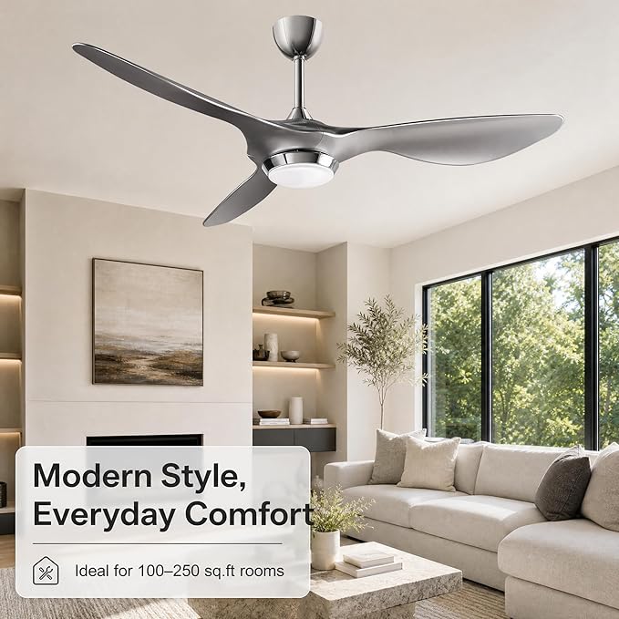 reiga Silver 52" Smart Ceiling Fan with Light, Quiet DC Bedroom 3 Blade Fan | Silent reversible motor, dimmable 3CCT LED light; remote/WiFi/voice control, 6&10in downrods, ETL certified for living room