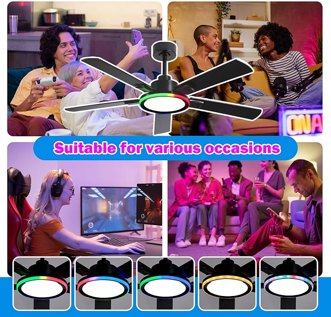 52" Ceiling Fans with Lights,Bluetooth Ceiling Fan with Speaker,6-Speed Reversible Motor,Full-Spectrum Adjustable Lighting,Edge Ambient Lights,Low Profile Ceiling Fan with Light and Remote/App Control