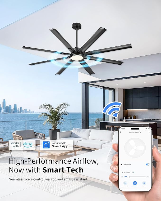 72 Inch Ceiling Fan With Light,Industrial Ceiling Fan With 8 Aluminium Metal Blades,Smart Fan Work with Alexa,Garage Indoor Fan For Living Room and Patio,CF04BK-72