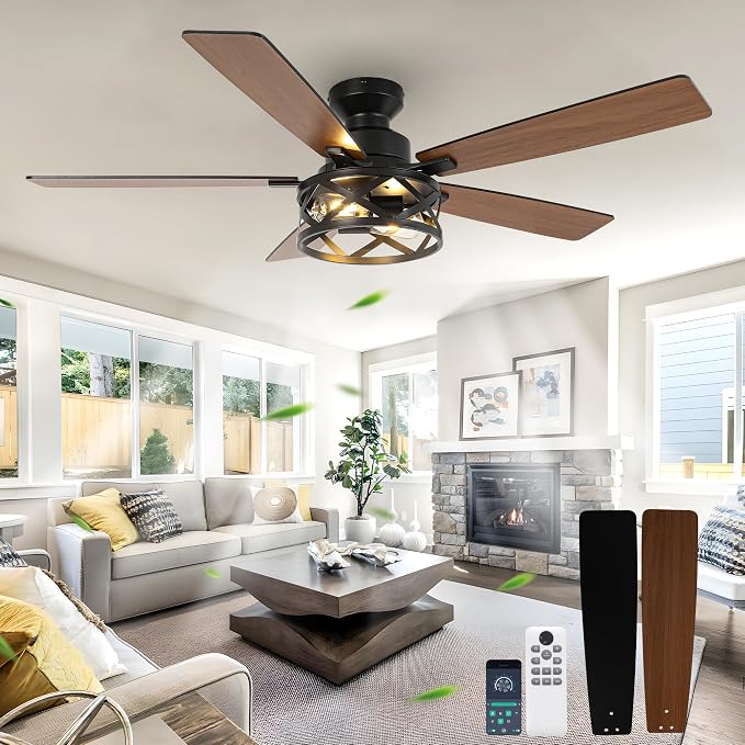 Qcyuui 52 Inch Farmhouse Ceiling Fan with Light and Remote Black Industrial Caged Flush Mount Ceiling Fan with Dual Finish 5 Blades 6 Speed Reversible Motor Rustic Ceiling Fan for Living room