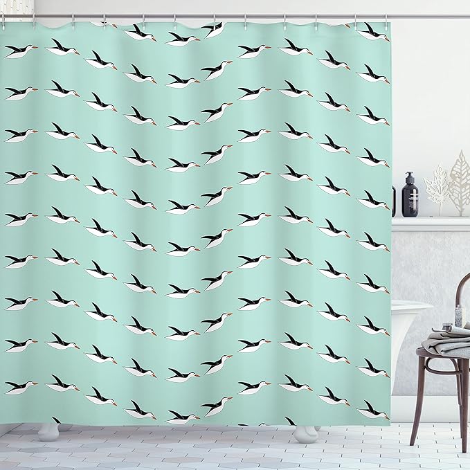 Ambesonne Turquoise Shower Curtain, Penguins Diving in Water Pose Cartoon Animals Repetitive Illustration, Cloth Fabric Bathroom Decor Set with Hooks, 69" W x 70" L, Mint Green and Black