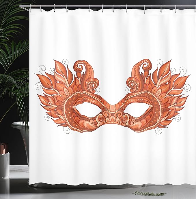 Ambesonne Masquerade Shower Curtain, Ornate Mardi Gras Carnival with Feathers Festival Celebration Theme Artwork, Cloth Fabric Bathroom Decor Set with Hooks, 69" W x 70" L, Orange