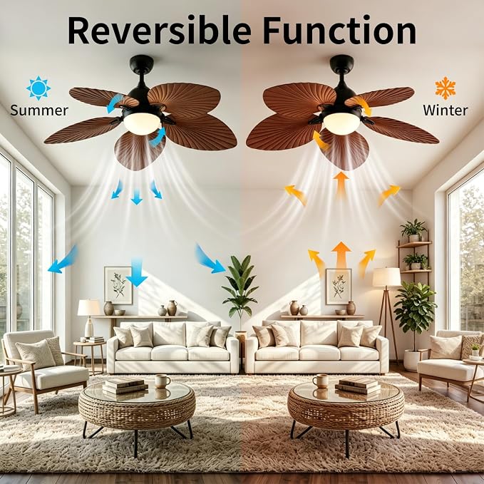52" Modern Tropical Ceiling Fan with Light and Remote for Bedroom | LED Dimmable Tri-Color Temperature, 5 Blade Ceiling Fans Reversible, 6 Speeds w/Quiet DC Motor, living room, bedroom, kitchen