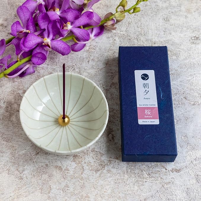 Asayu Japan Low Smoke Incense Gift Set with Incense Holder and Brass Stand, Sakura Incense Sticks with White Lotus Holder