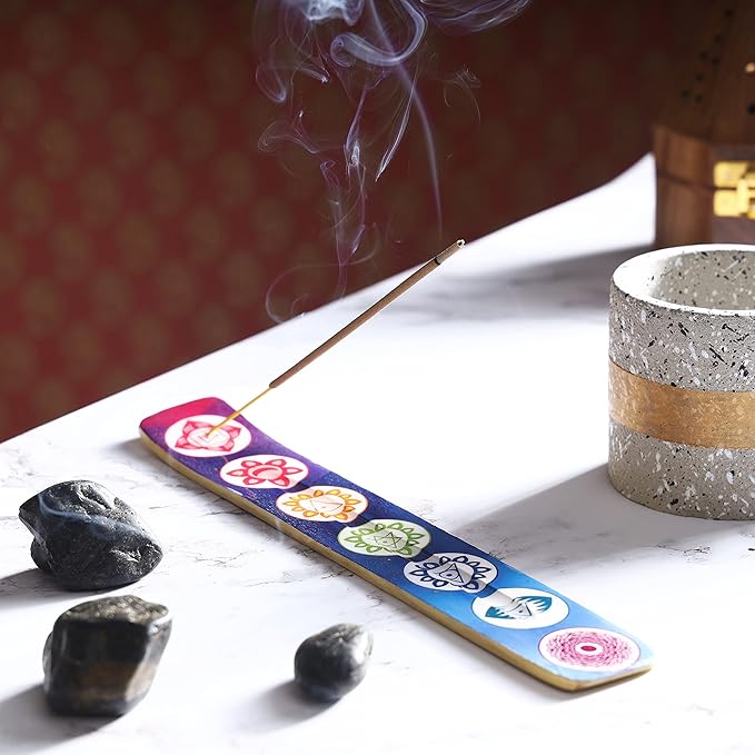 Bless-International Traditional-Handmade-Burner Wooden-Incense-Stick-Holder Ash-Catcher-Stand for-Aromatherapy-Meditation-Yoga (Seven Chakkra) 10 Inches, Pack of 1