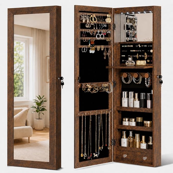 Over the Door Jewelry Organizer, Wall Mounted Jewelry Cabinet, Hanging Mirror with Storage Box, Wall/Door Mounted Full Length Mirror with LED