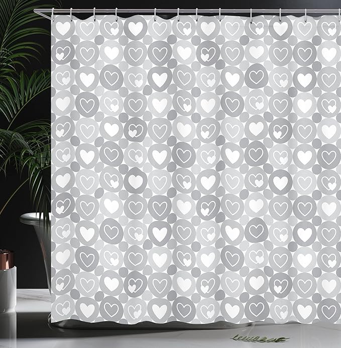 Ambesonne Grey Shower Curtain, Geometrical Hearts and Happiness and Love Romantic Valentine Happiness Flat, Cloth Fabric Bathroom Decor Set with Hooks, 69" W x 70" L, White