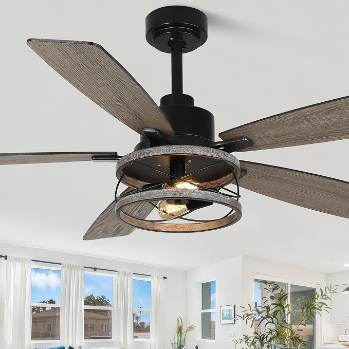 52'' Farmhouse Ceiling Fans with Lights and Remote Control | Reversible DC Motor,5 Double Colour Blades,Rustic Caged Chandelier Ceiling Fan with Light for Living Room,Dining Room,Bedroom