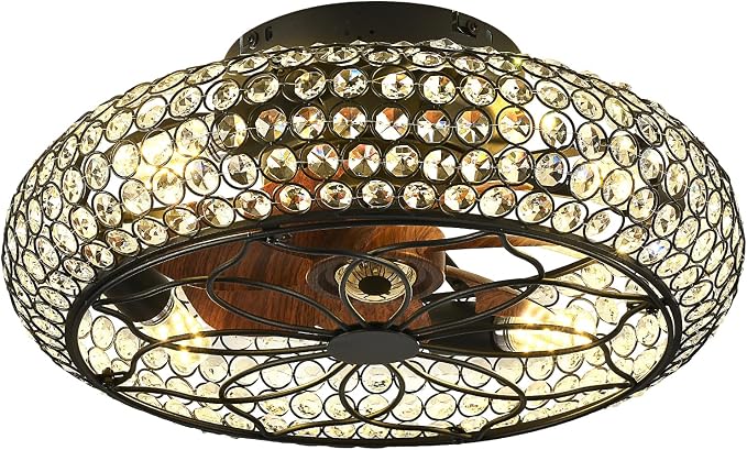 Caged Crystal Ceiling Fans with Lights and Remote,18.8" Flush Mount Low Profile Ceiling Fan with Light,6 Speed Enclosed Ceiling Fan with Reversible Motor for Bedroom Kitchen Living Room
