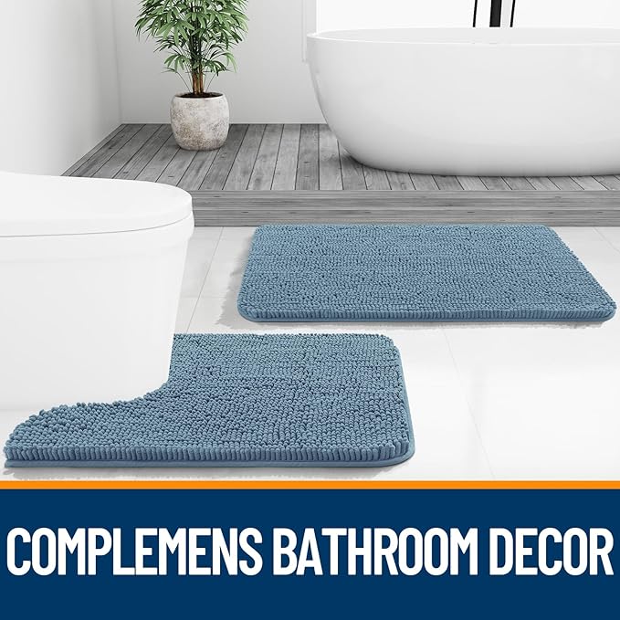 OLANLY Small Bathroom Rugs 24x16, Extra Soft Absorbent Chenille Bath Rugs, Rubber Backing Quick Dry, Machine Washable Bath Mats for Bathroom Floor, Tub and Shower, Home Decor Accessories, Airy Blue