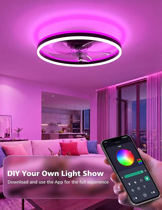NIORSUN RGB Ceiling Fans with Lights and Remote, Modern Smart LED Ceiling Fans Light, 6 Speeds & 3000K-6500K Dimmable, Quiet Bladeless Fandelier Ceiling Fan with Light for Bedroom (20Inch,Black)