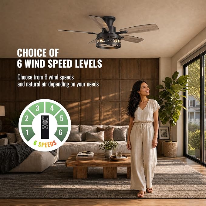 42 Inch Flush Mount Ceiling Fans with Lights and Remote, Farmhouse Low Profile Ceiling Fan with LED Lighting for Bedroom Living Room and Patio, Black Caged Ceiling Fan for Indoor and Outdoor(NO Bulbs)