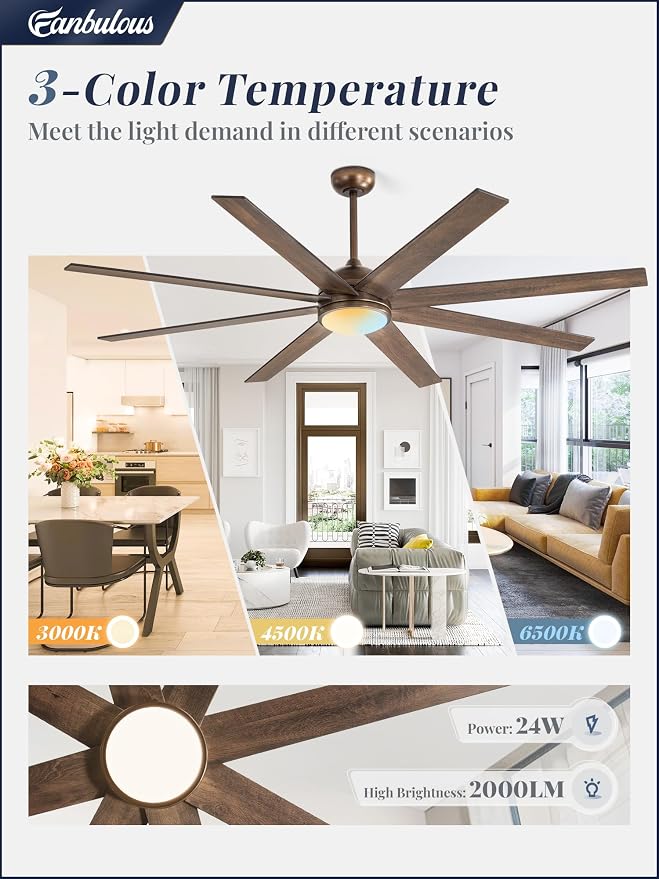 Fanbulous Ceiling Fans with Lights, 72 inch Large Ceiling Fan with Light and Remote, Outdoor Bronze Ceiling Fan for Living Room Patio, 6 Speeds, Reversible Quiet DC Motor, 3 CCT, Bi-color 8 Blades