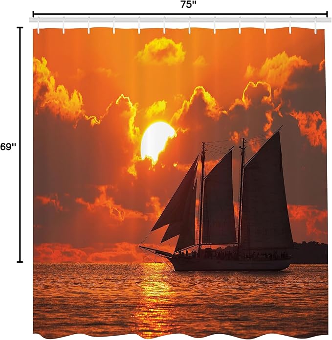 Ambesonne Sailboat Shower Curtain, Boat Sailing in Front of Sunset in Key West FloridSundown Tropical, Cloth Fabric Bathroom Decor Set with Hooks, 69" W x 75" L, Orange Dark Orange