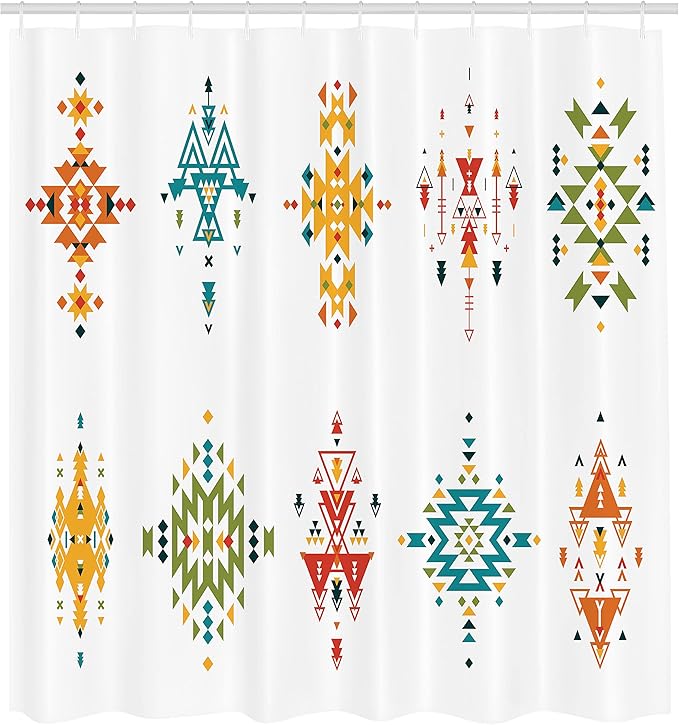 Ambesonne Tribal Shower Curtain, Abstract Style in Colorful Design Vintage Old Illustration, Cloth Fabric Bathroom Decor Set with Hooks, 69" W x 70" L, Petrol Blue
